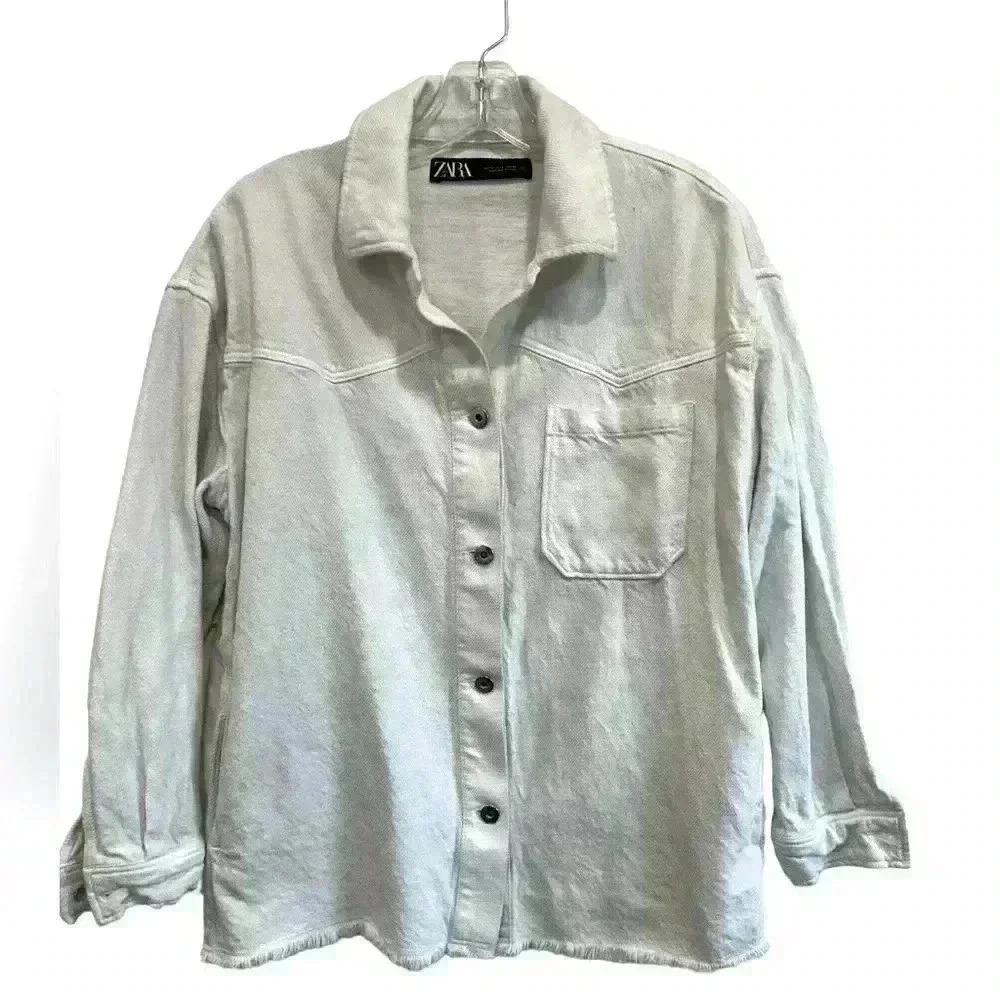 Zara Corduroy Shacket Jacket Cropped Oversized Cotton Cream Large Fringed Hem